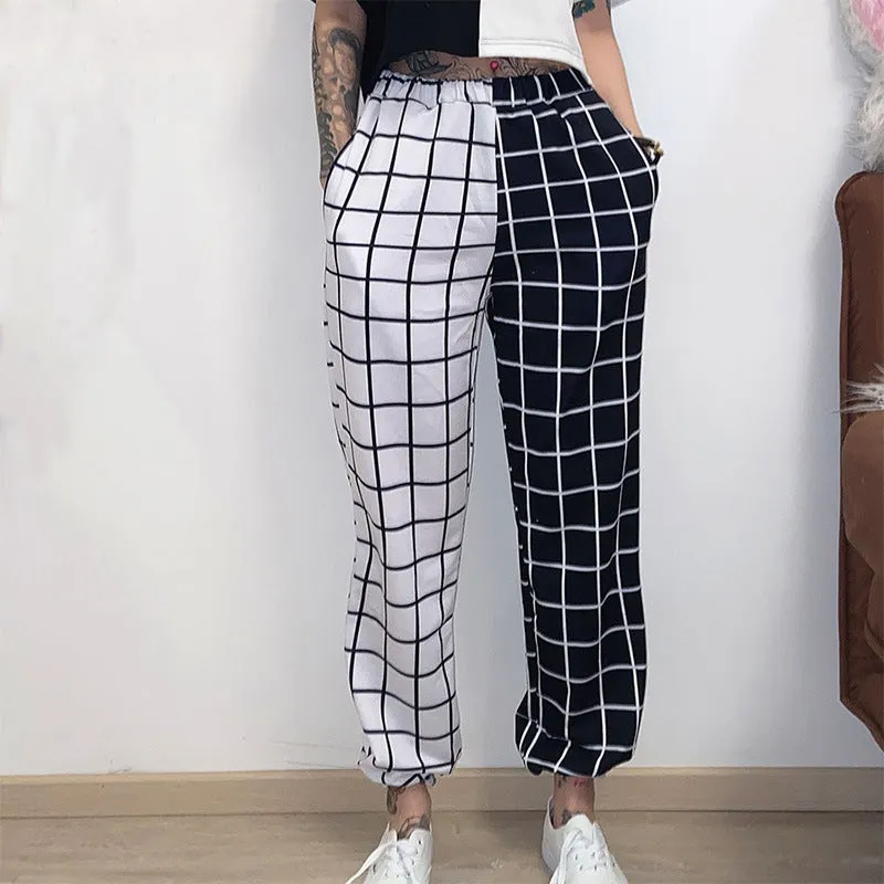 2022 autumn splicing checkered plaid trousers casual high waist B & W grid cargo pants with pockets