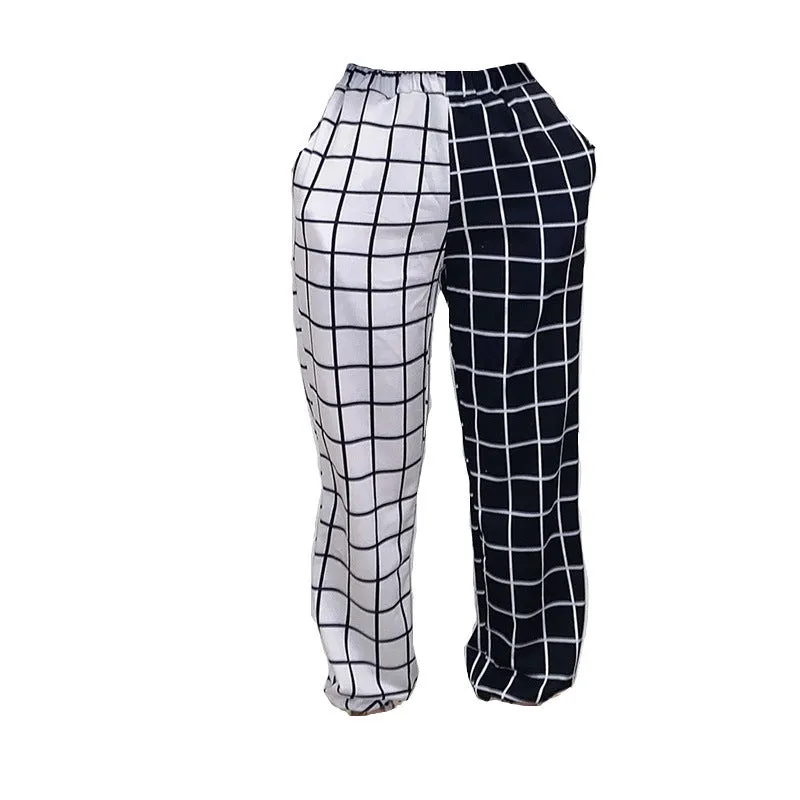 2022 autumn splicing checkered plaid trousers casual high waist B & W grid cargo pants with pockets