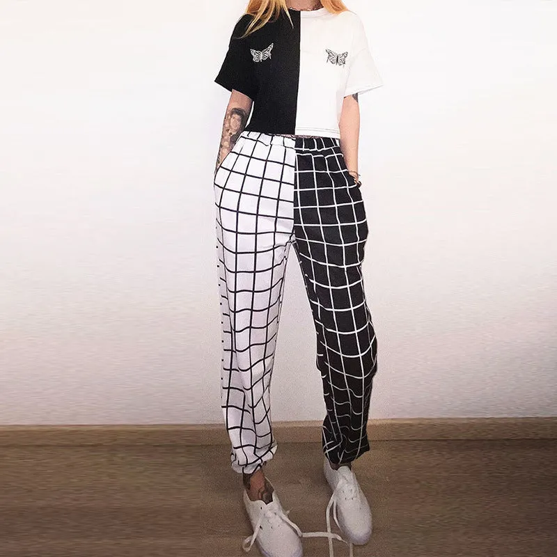 2022 autumn splicing checkered plaid trousers casual high waist B & W grid cargo pants with pockets