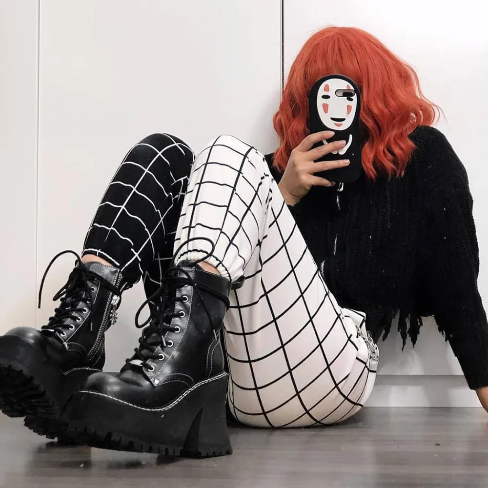 2022 autumn splicing checkered plaid trousers casual high waist B & W grid cargo pants with pockets