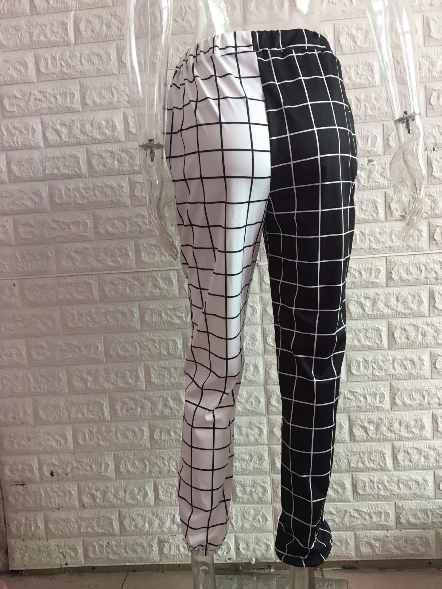 2022 autumn splicing checkered plaid trousers casual high waist B & W grid cargo pants with pockets