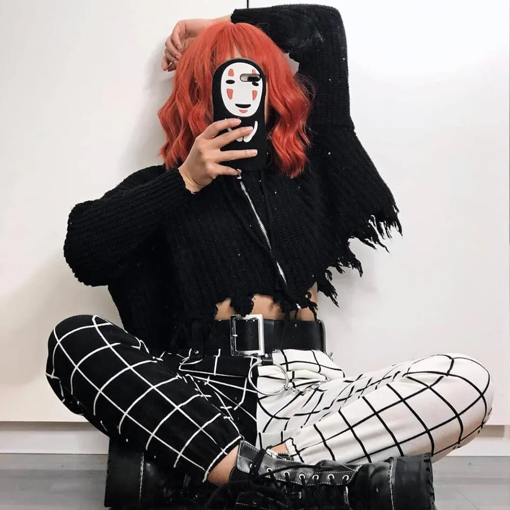 2022 autumn splicing checkered plaid trousers casual high waist B & W grid cargo pants with pockets