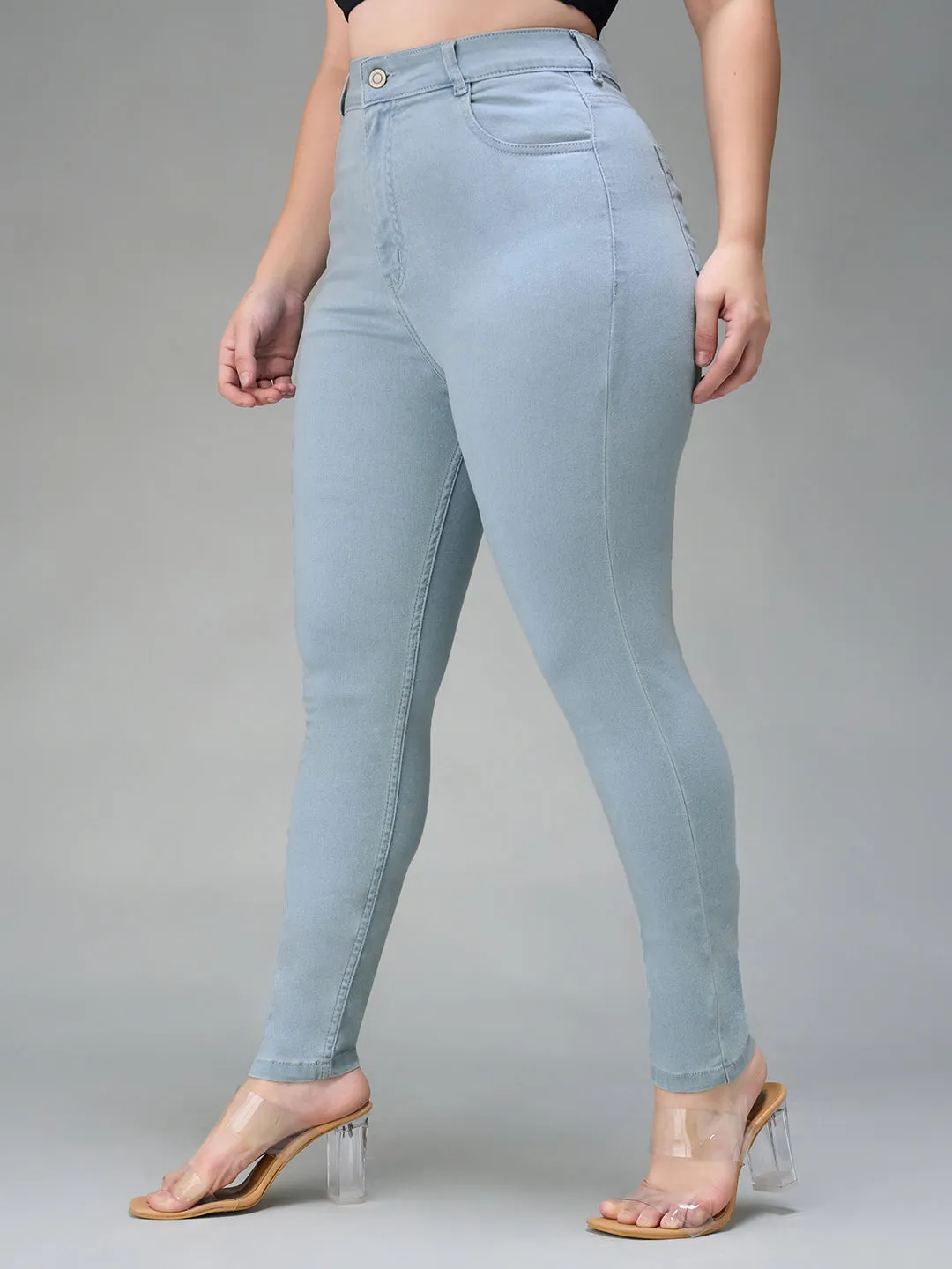 24/7  comfort Women's Light Blue Skinny Fringed Hemline Detailing High Rise Cropped Solid Stretchable Denim Jeans