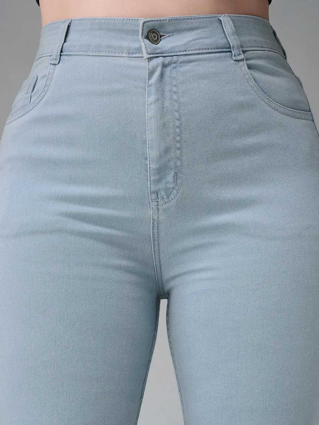 24/7  comfort Women's Light Blue Skinny Fringed Hemline Detailing High Rise Cropped Solid Stretchable Denim Jeans