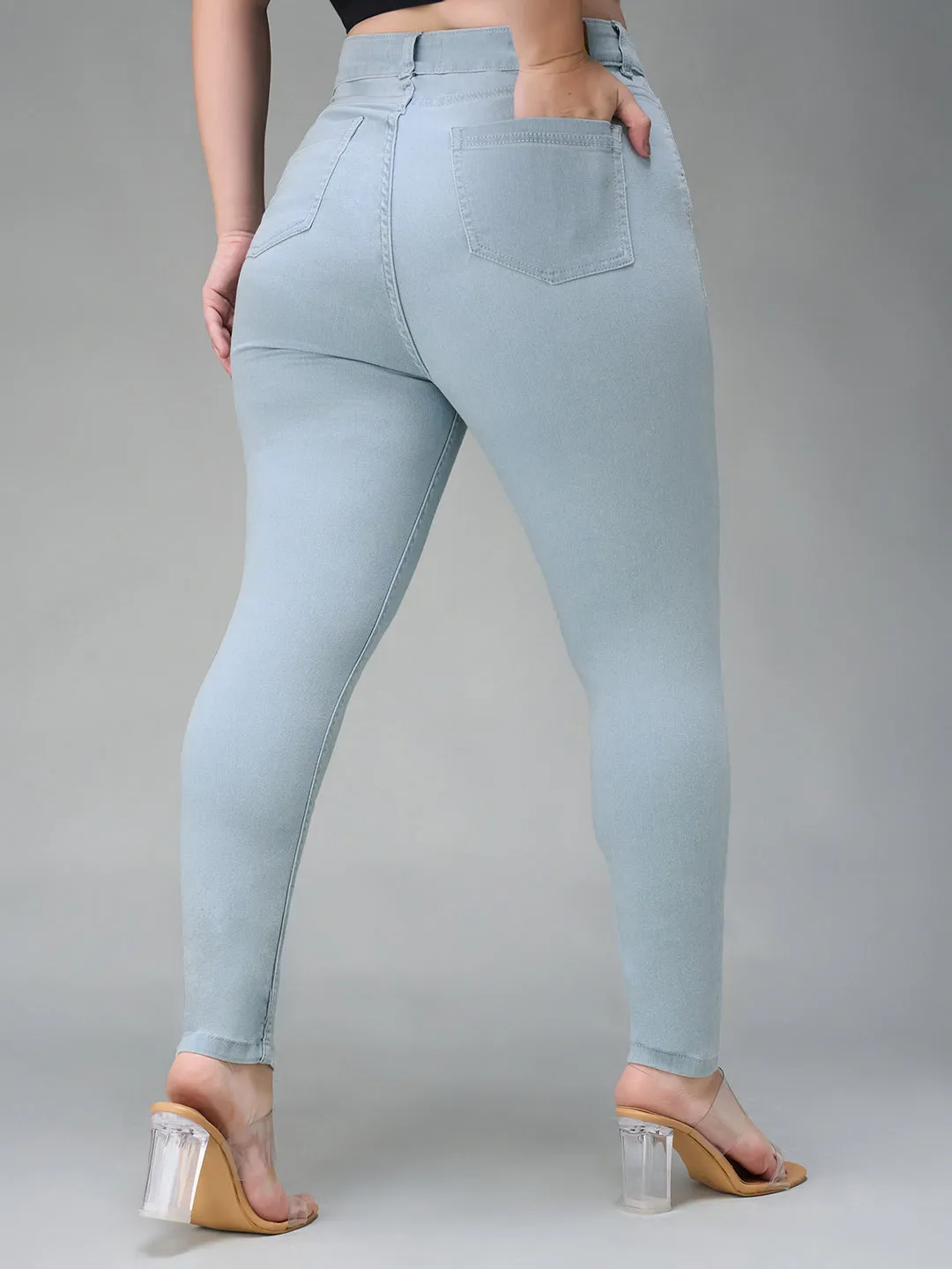 24/7  comfort Women's Light Blue Skinny Fringed Hemline Detailing High Rise Cropped Solid Stretchable Denim Jeans