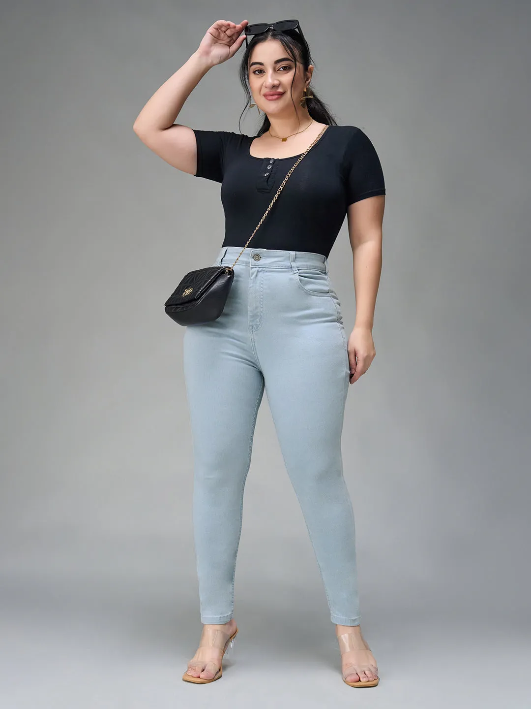 24/7  comfort Women's Light Blue Skinny Fringed Hemline Detailing High Rise Cropped Solid Stretchable Denim Jeans