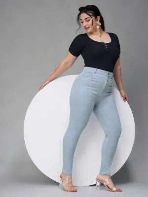 24/7  comfort Women's Light Blue Skinny Fringed Hemline Detailing High Rise Cropped Solid Stretchable Denim Jeans