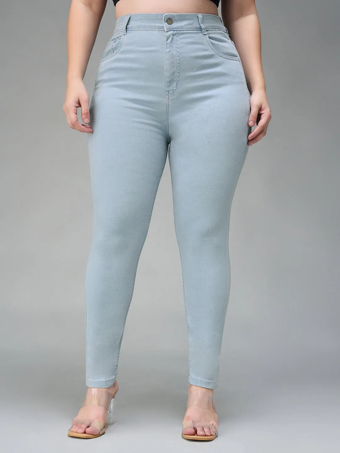 24/7  comfort Women's Light Blue Skinny Fringed Hemline Detailing High Rise Cropped Solid Stretchable Denim Jeans