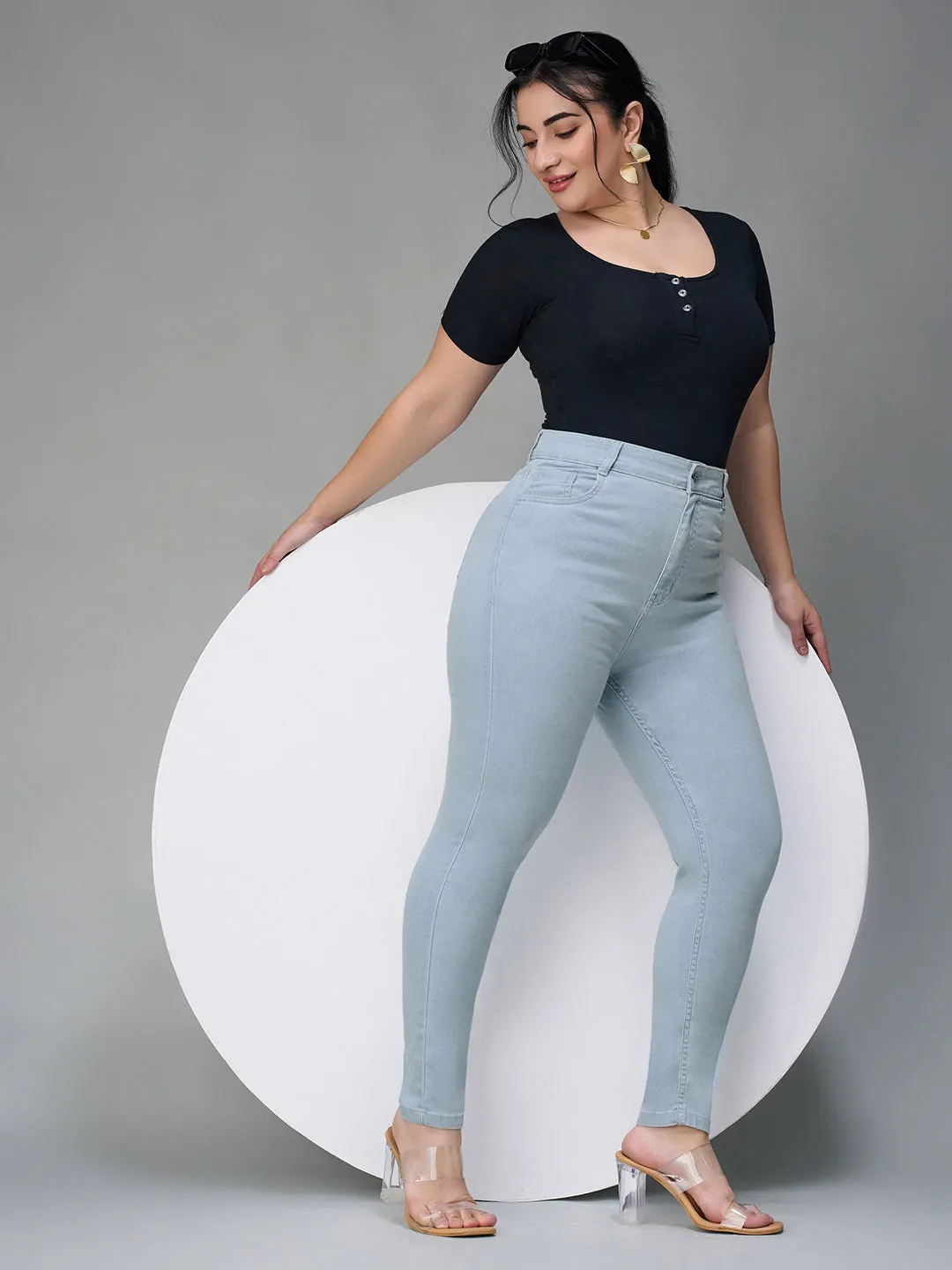24/7  comfort Women's Light Blue Skinny Fringed Hemline Detailing High Rise Cropped Solid Stretchable Denim Jeans