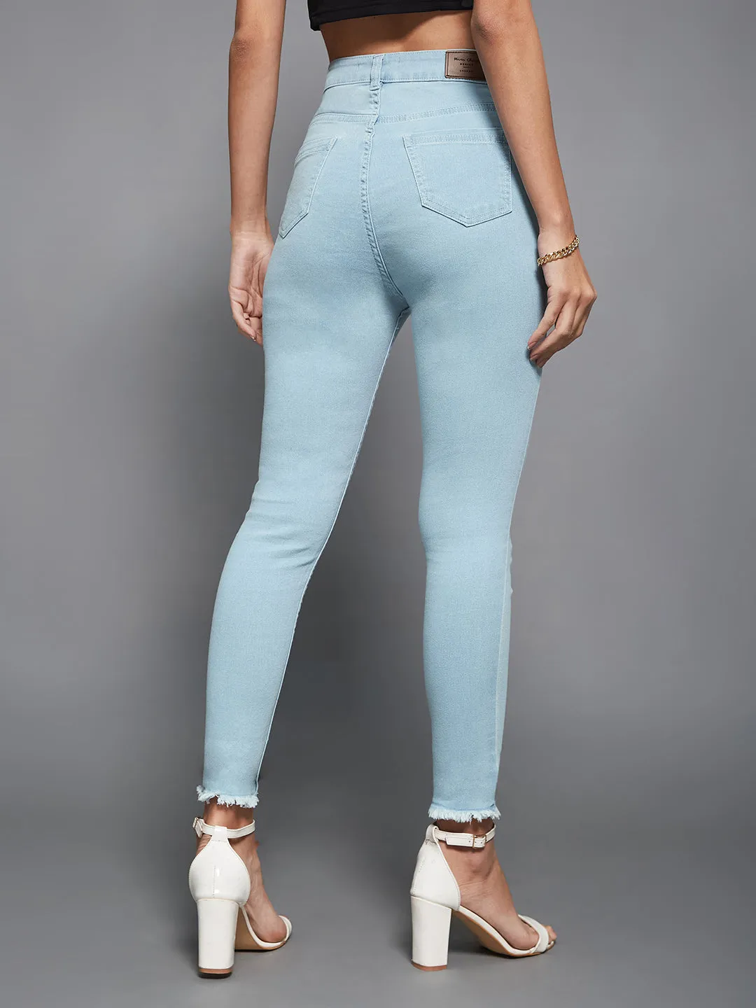 24/7 Comfort Women's Light Blue Skinny High Rise Fringed Hemline Cropped Acid Wash Solid Stretchable Denim Jeans