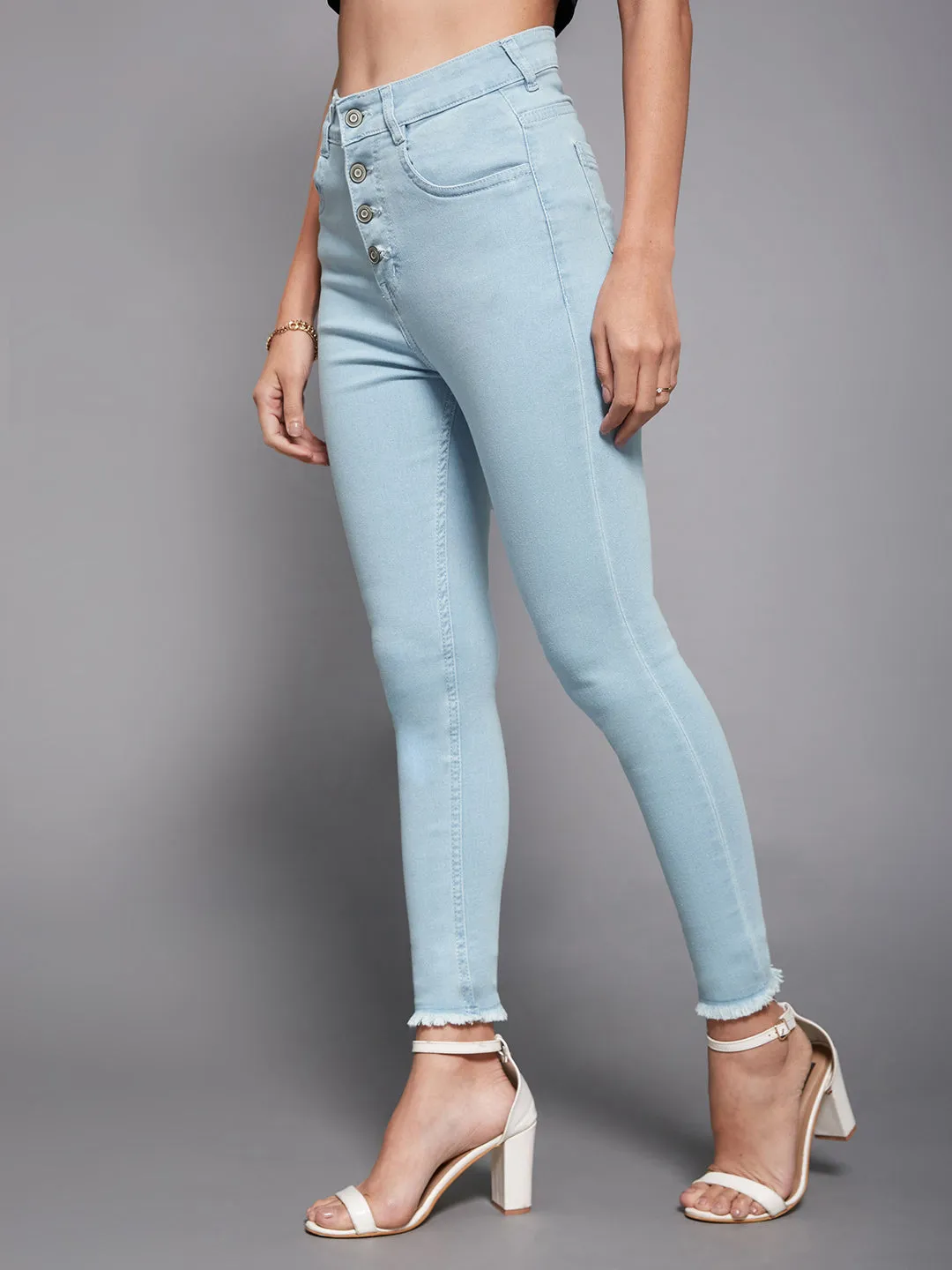 24/7 Comfort Women's Light Blue Skinny High Rise Fringed Hemline Cropped Acid Wash Solid Stretchable Denim Jeans