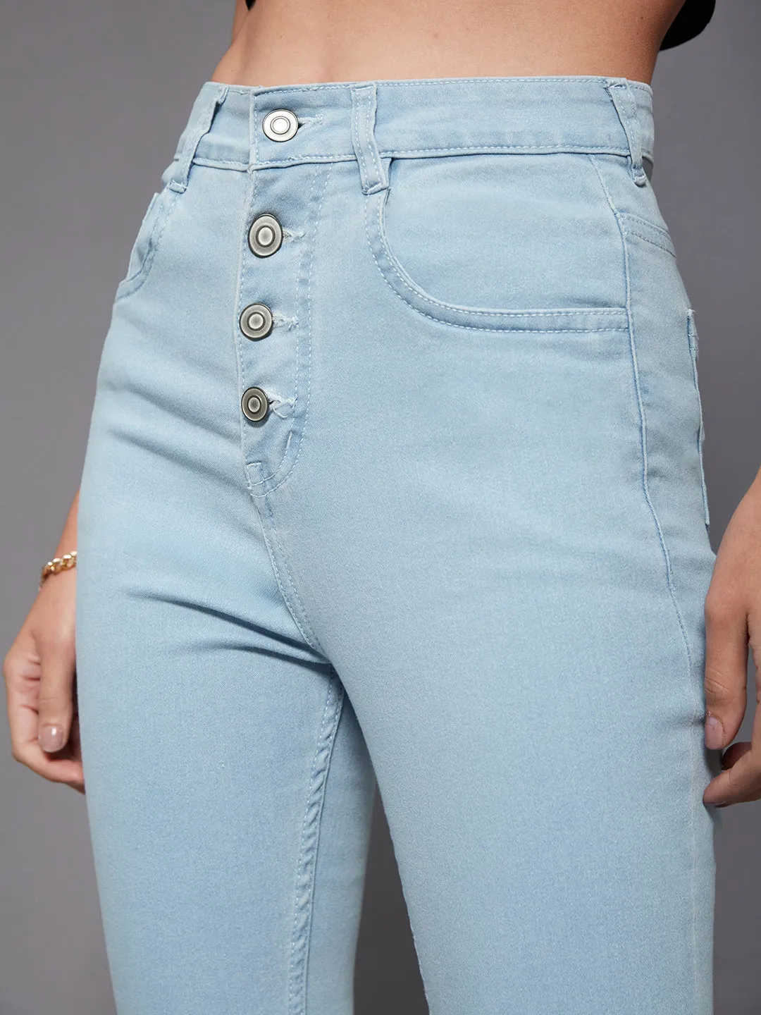 24/7 Comfort Women's Light Blue Skinny High Rise Fringed Hemline Cropped Acid Wash Solid Stretchable Denim Jeans