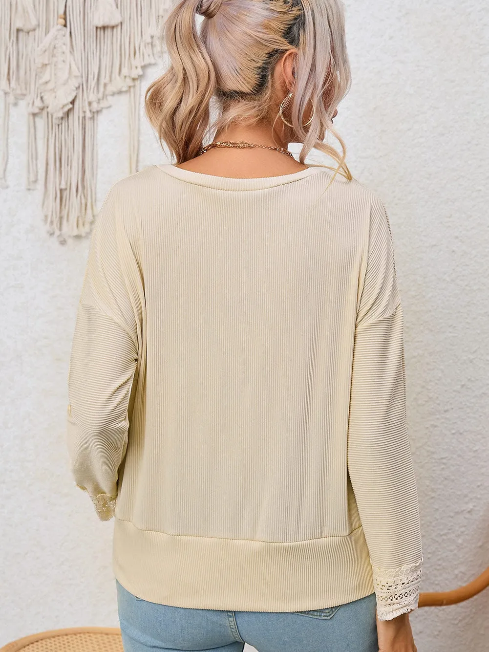 Alluring V-Neck Lace-Detailed Ribbed Knit