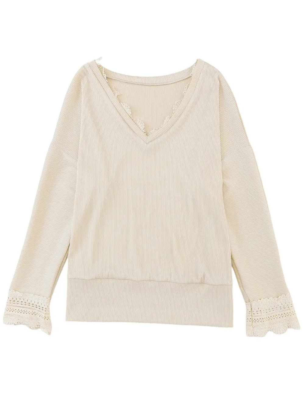 Alluring V-Neck Lace-Detailed Ribbed Knit
