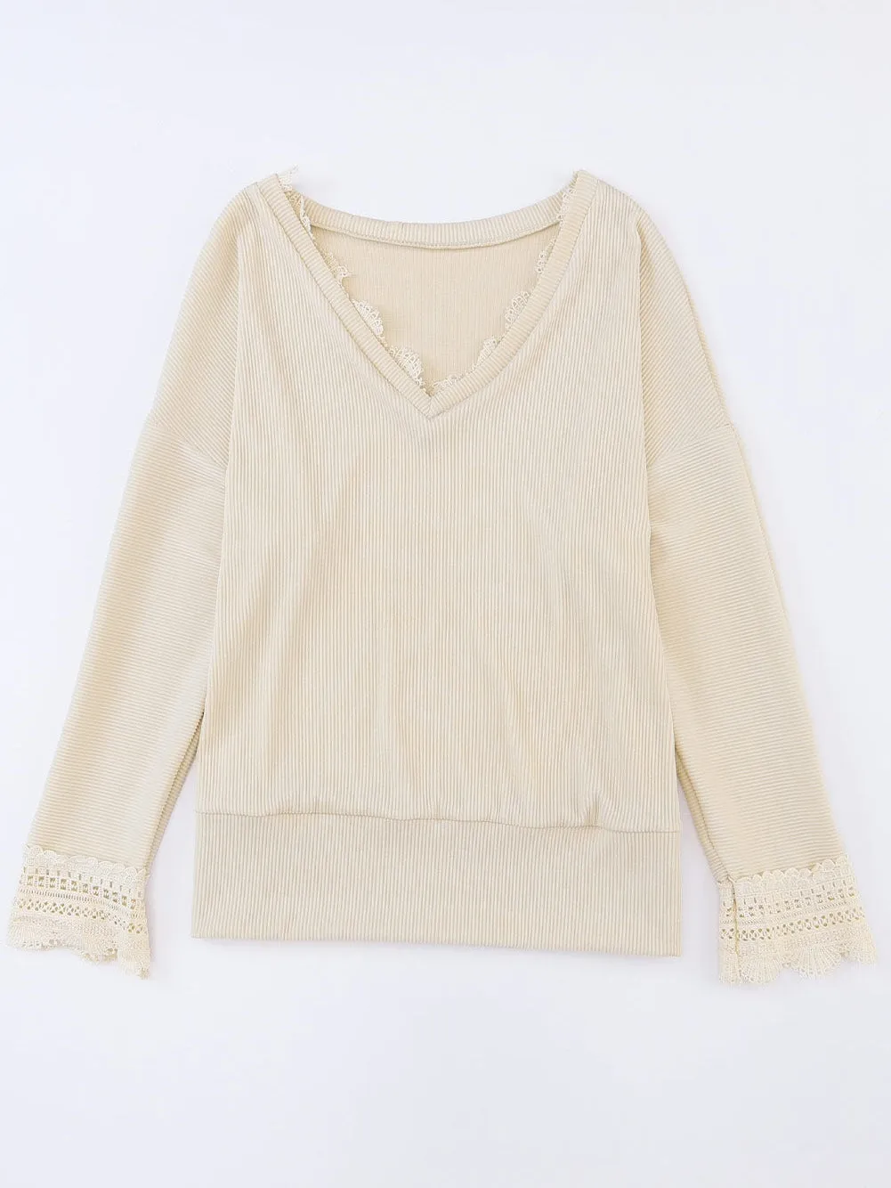 Alluring V-Neck Lace-Detailed Ribbed Knit