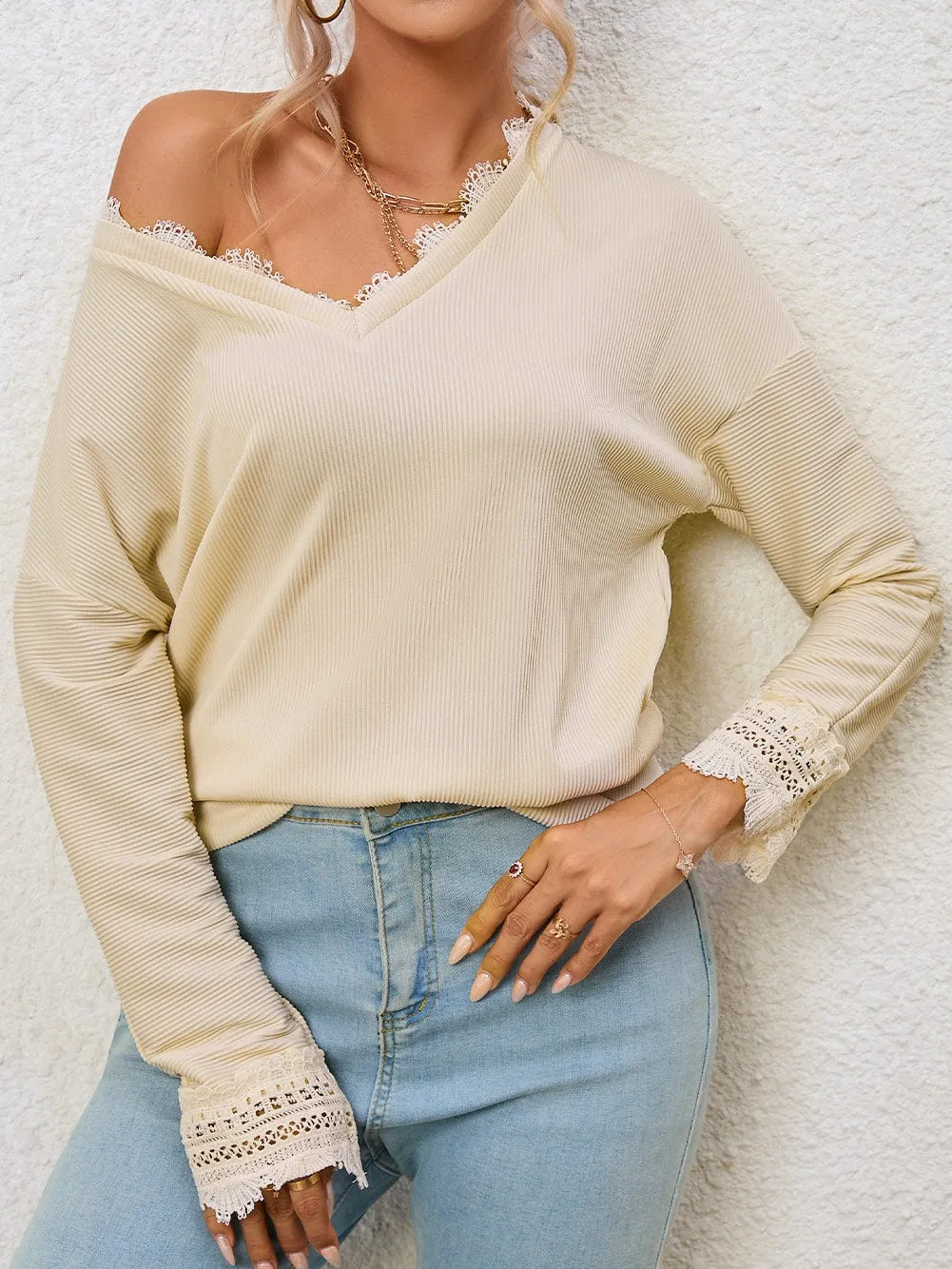 Alluring V-Neck Lace-Detailed Ribbed Knit