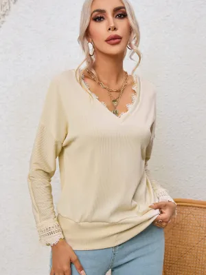 Alluring V-Neck Lace-Detailed Ribbed Knit