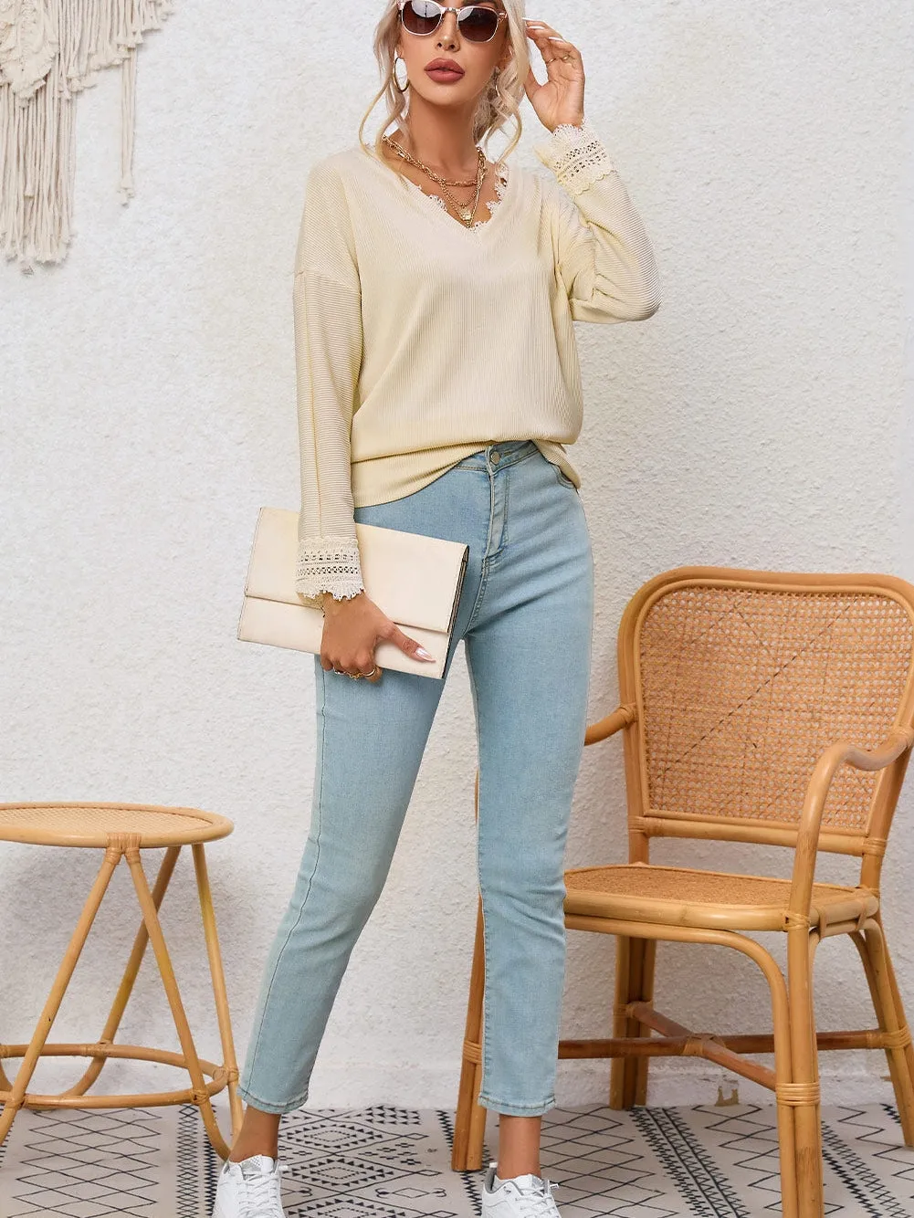 Alluring V-Neck Lace-Detailed Ribbed Knit