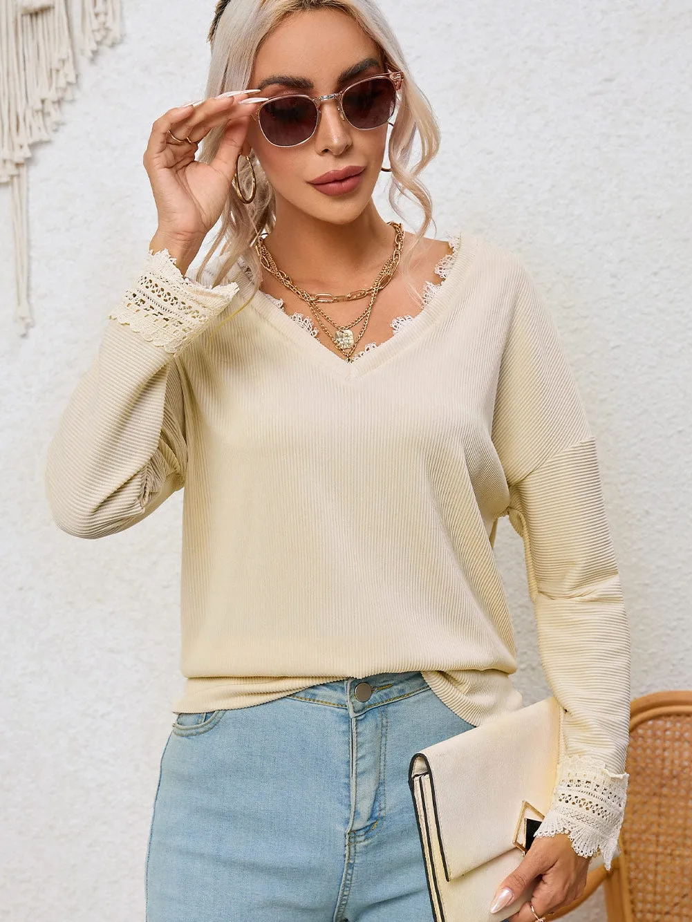 Alluring V-Neck Lace-Detailed Ribbed Knit