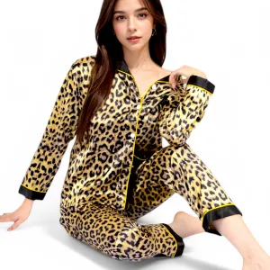 Anna-Kaci Women's Satin Leopard Print Pajama Set with Button-Down Top