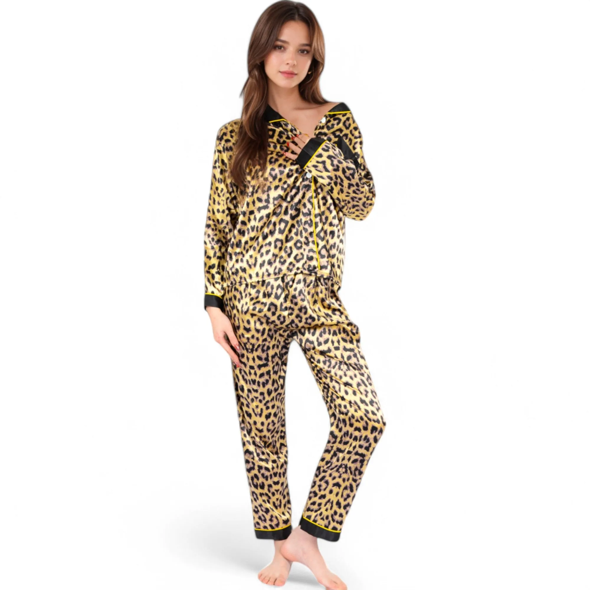 Anna-Kaci Women's Satin Leopard Print Pajama Set with Button-Down Top