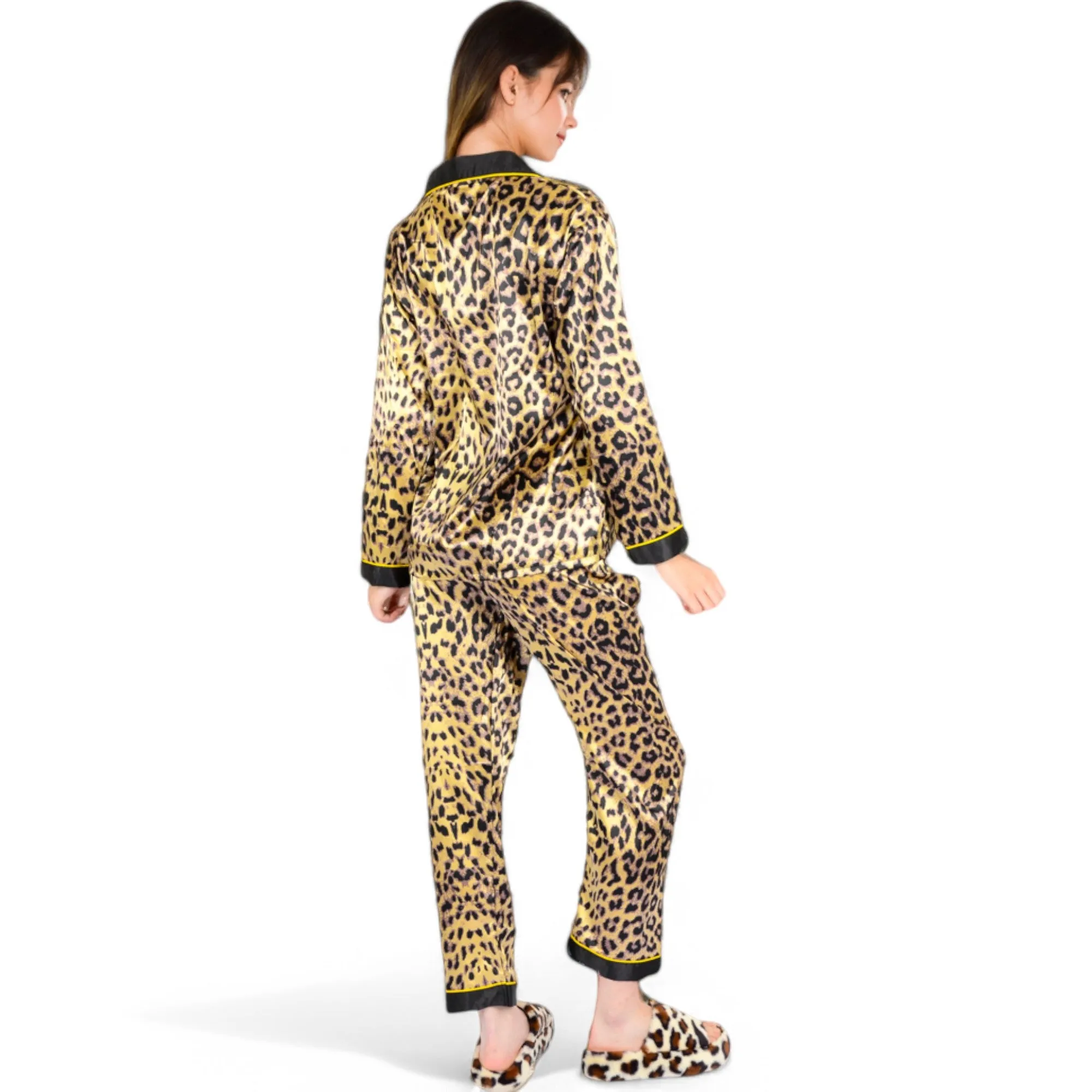 Anna-Kaci Women's Satin Leopard Print Pajama Set with Button-Down Top