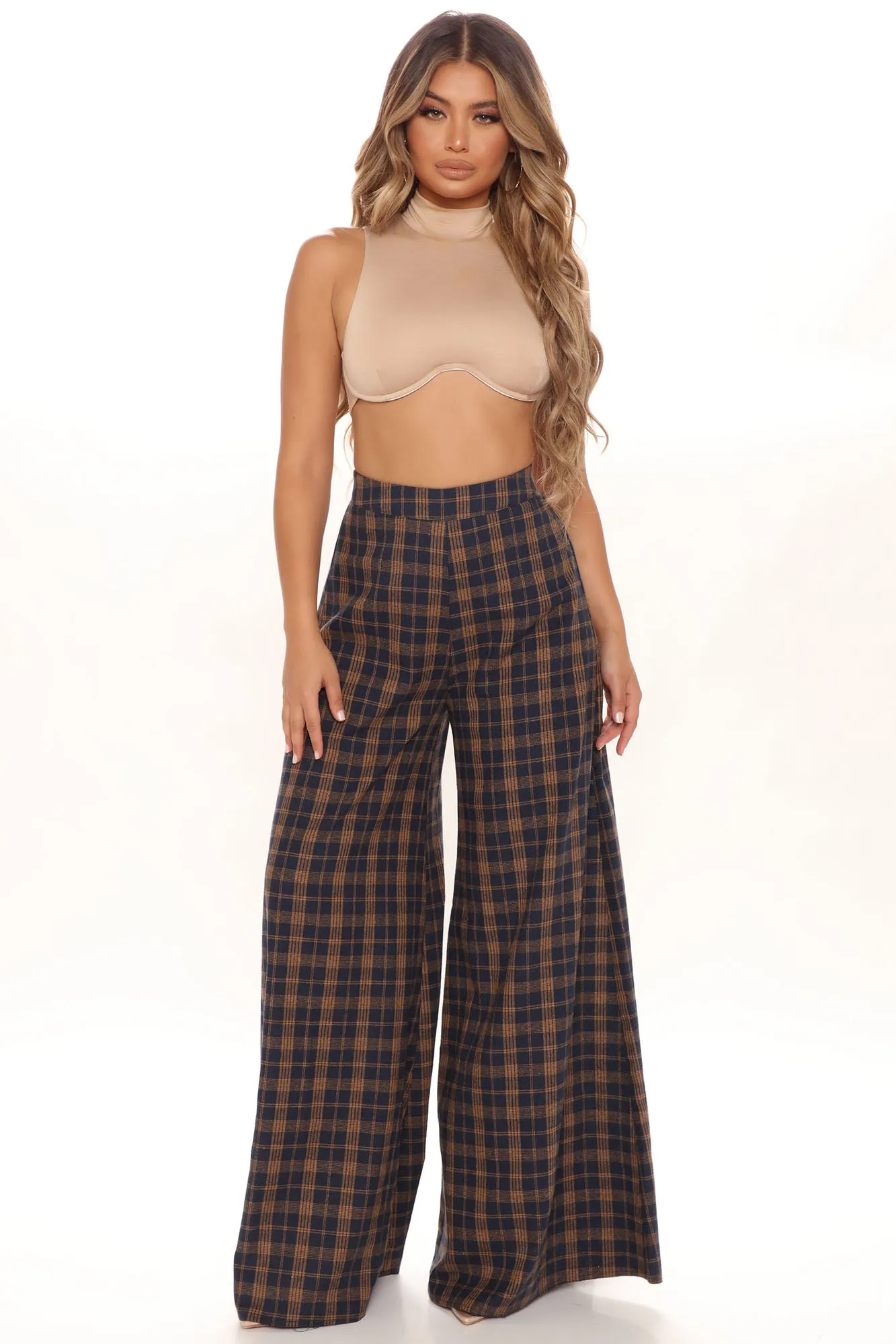 Been Checked Out Wide Leg Pant - Brown Combo