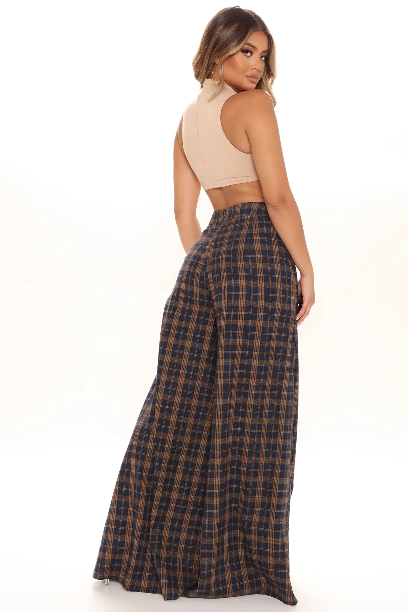 Been Checked Out Wide Leg Pant - Brown Combo