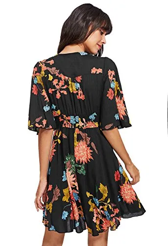 Blue And Red Women's Boho Button Up Split Floral Print Flowy Party Dress - Milumia