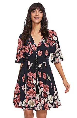 Blue And Red Women's Boho Button Up Split Floral Print Flowy Party Dress - Milumia