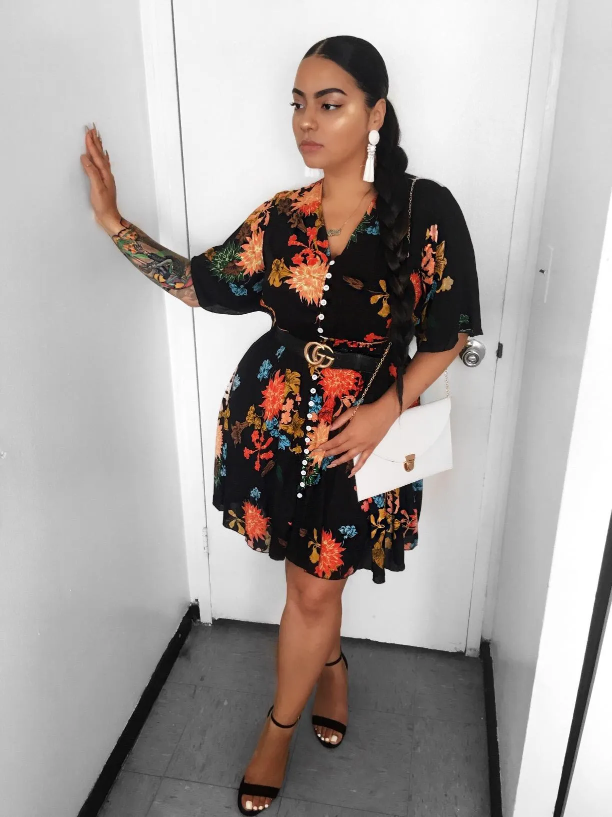 Blue And Red Women's Boho Button Up Split Floral Print Flowy Party Dress - Milumia