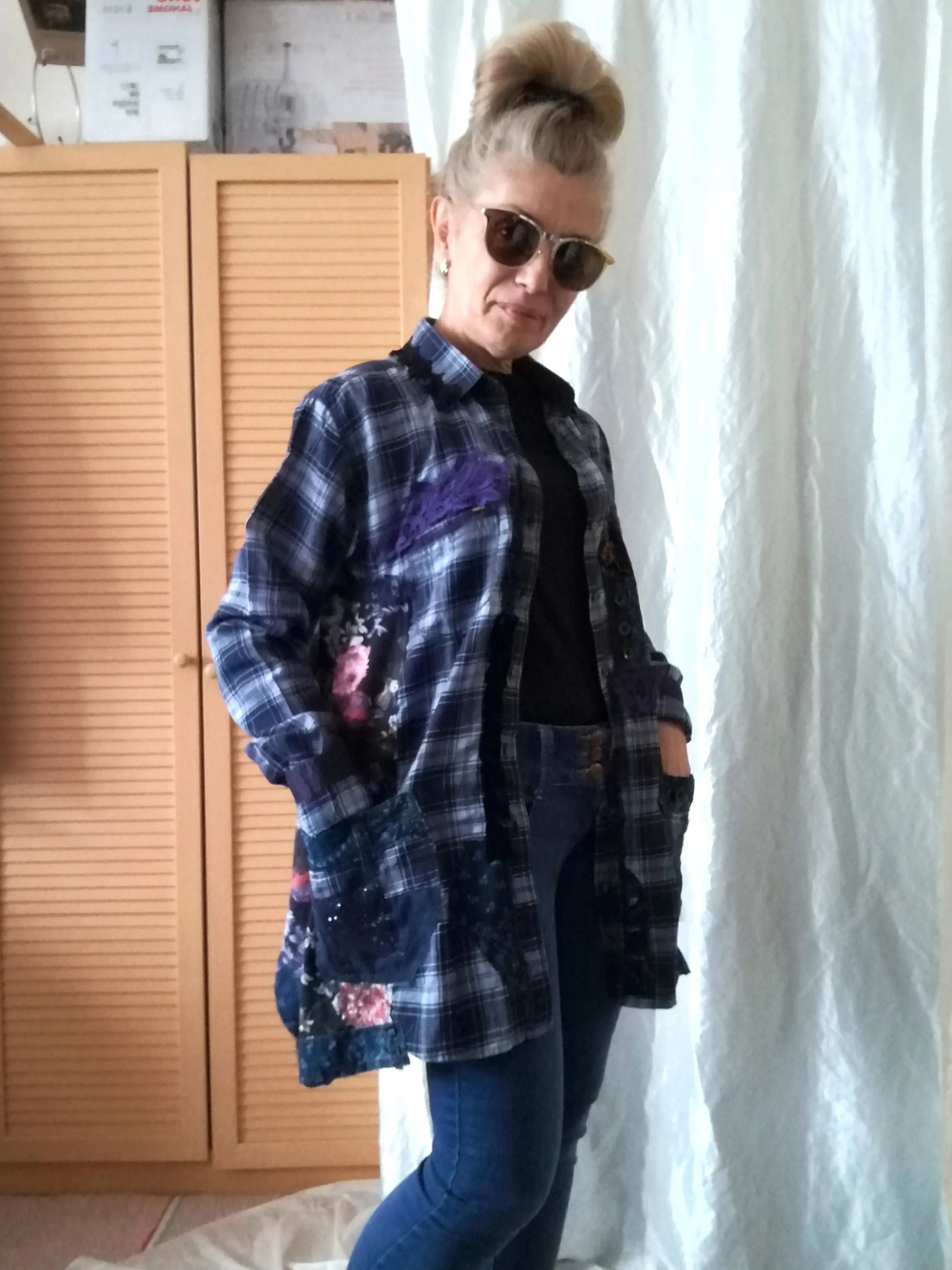 Blue Duster Dress,M Long Plaid Women`s Shirt