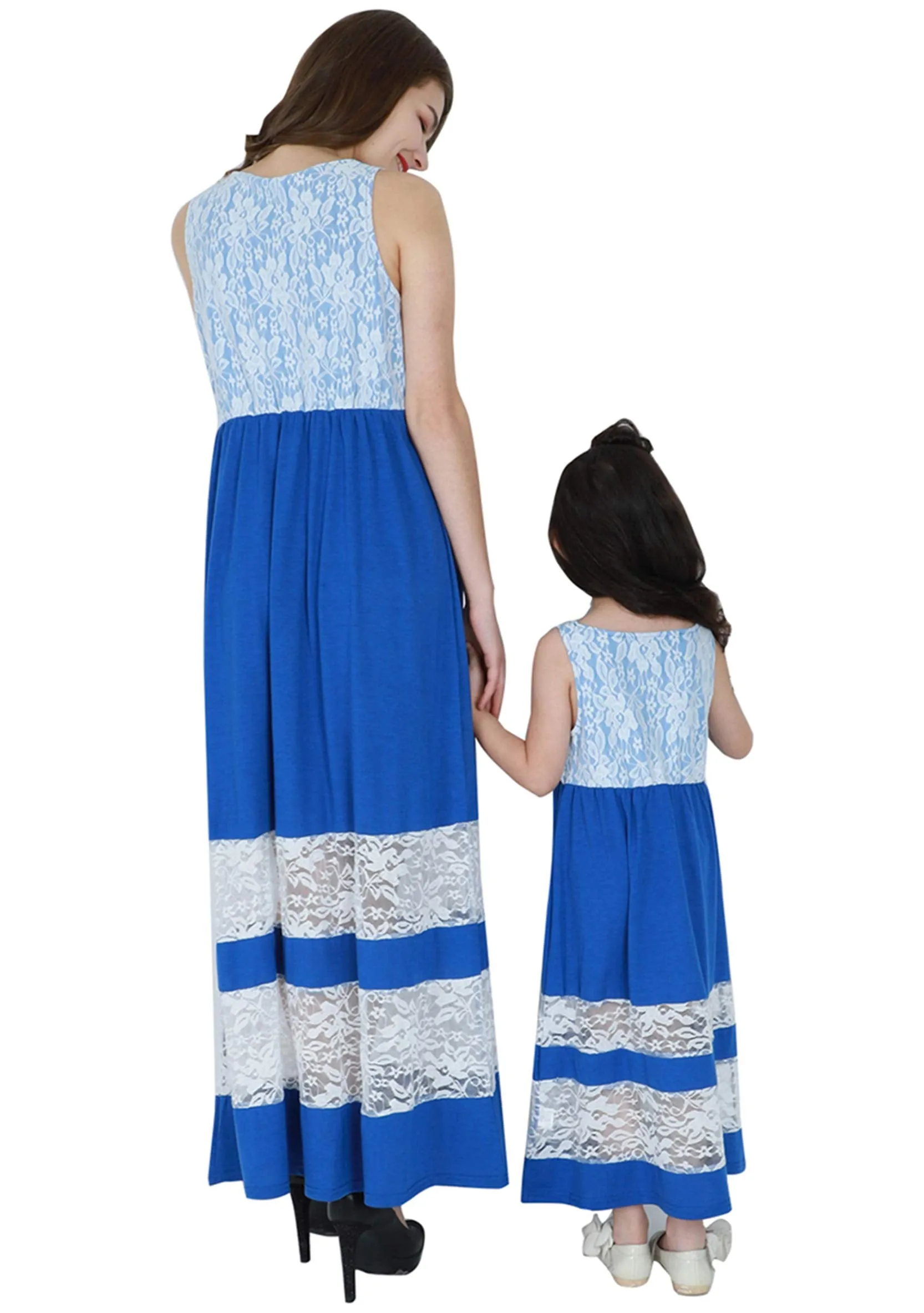 Blue Lace Summer Cute Mommy and Me Boho Striped Chevron Maxi Dresses - WIWIQS
