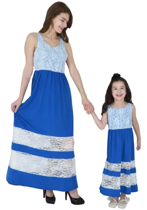 Blue Lace Summer Cute Mommy and Me Boho Striped Chevron Maxi Dresses - WIWIQS