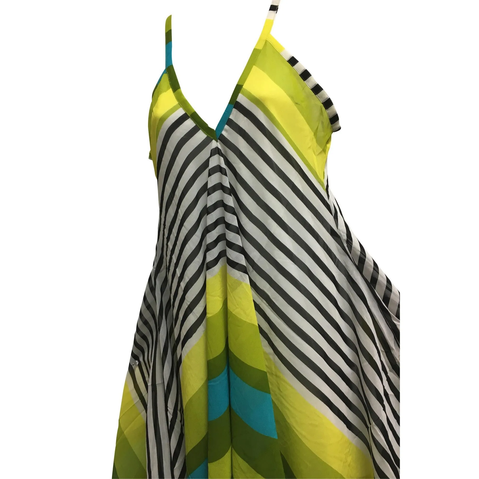 Bohemian V-Neck Chiffon Geometric Print Long Sundress Sharkbite Hem Dress Spaghetti Strap Dress  #6 Yellow Green Geometric