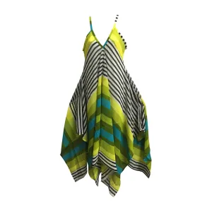 Bohemian V-Neck Chiffon Geometric Print Long Sundress Sharkbite Hem Dress Spaghetti Strap Dress  #6 Yellow Green Geometric