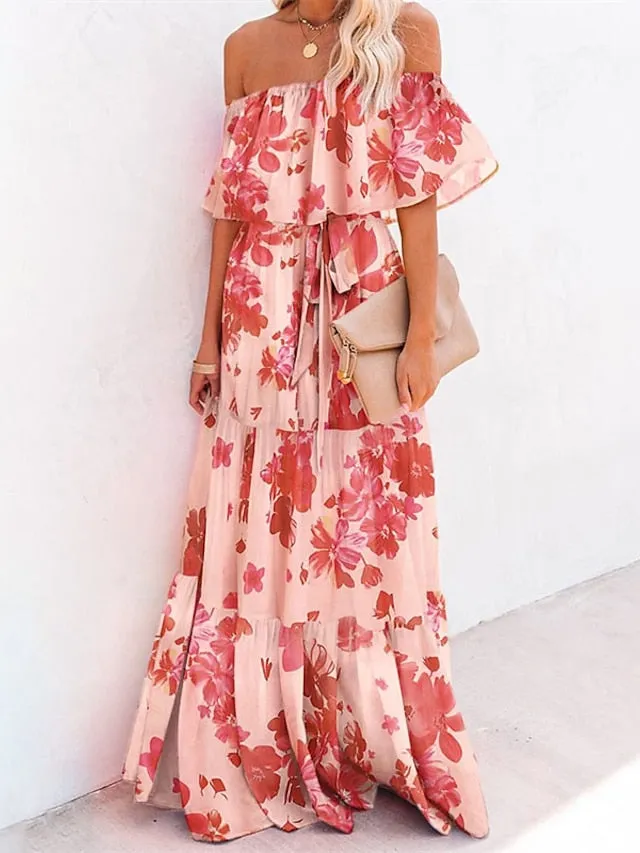 Casual Dress Swing Dress Boho Dress Long Dress Maxi Dress Blue Yellow Red Short Sleeve Floral Lace up Spring Summer Off Shoulder Weekend Loose Fit  S M L XL XXL 3XL for Women