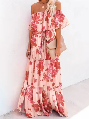 Casual Dress Swing Dress Boho Dress Long Dress Maxi Dress Blue Yellow Red Short Sleeve Floral Lace up Spring Summer Off Shoulder Weekend Loose Fit  S M L XL XXL 3XL for Women