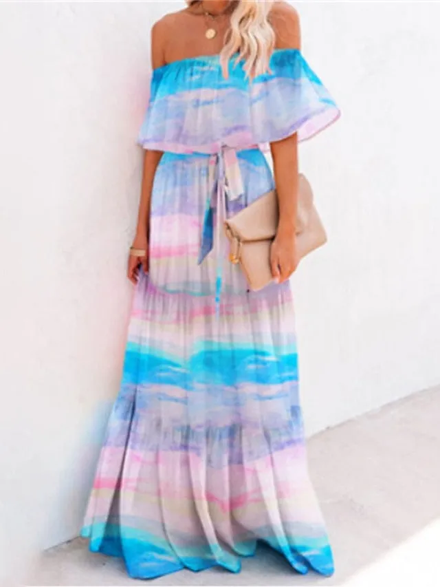 Casual Dress Swing Dress Boho Dress Long Dress Maxi Dress Blue Yellow Red Short Sleeve Floral Lace up Spring Summer Off Shoulder Weekend Loose Fit  S M L XL XXL 3XL for Women