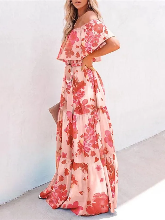 Casual Dress Swing Dress Boho Dress Long Dress Maxi Dress Blue Yellow Red Short Sleeve Floral Lace up Spring Summer Off Shoulder Weekend Loose Fit  S M L XL XXL 3XL for Women