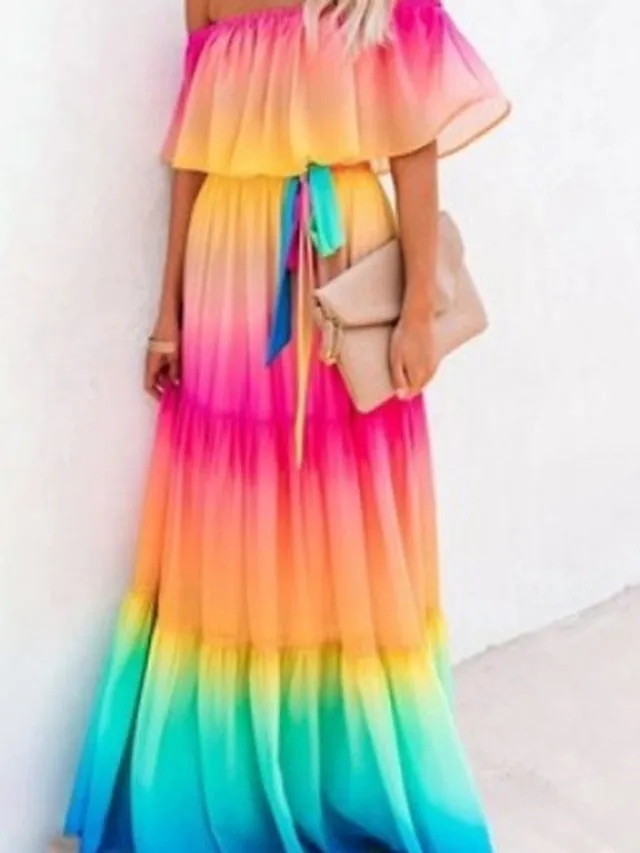 Casual Dress Swing Dress Boho Dress Long Dress Maxi Dress Blue Yellow Red Short Sleeve Floral Lace up Spring Summer Off Shoulder Weekend Loose Fit  S M L XL XXL 3XL for Women