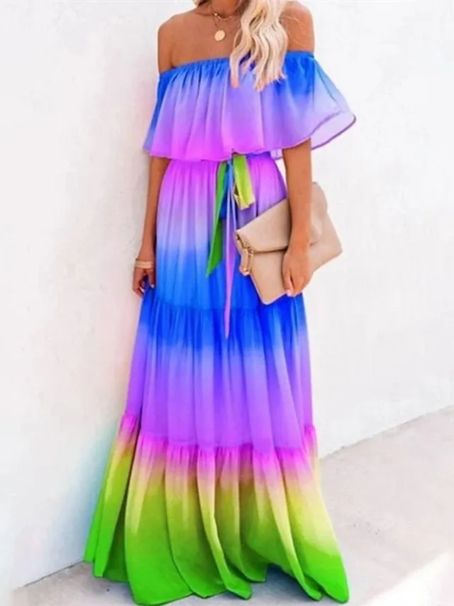 Casual Dress Swing Dress Boho Dress Long Dress Maxi Dress Blue Yellow Red Short Sleeve Floral Lace up Spring Summer Off Shoulder Weekend Loose Fit  S M L XL XXL 3XL for Women
