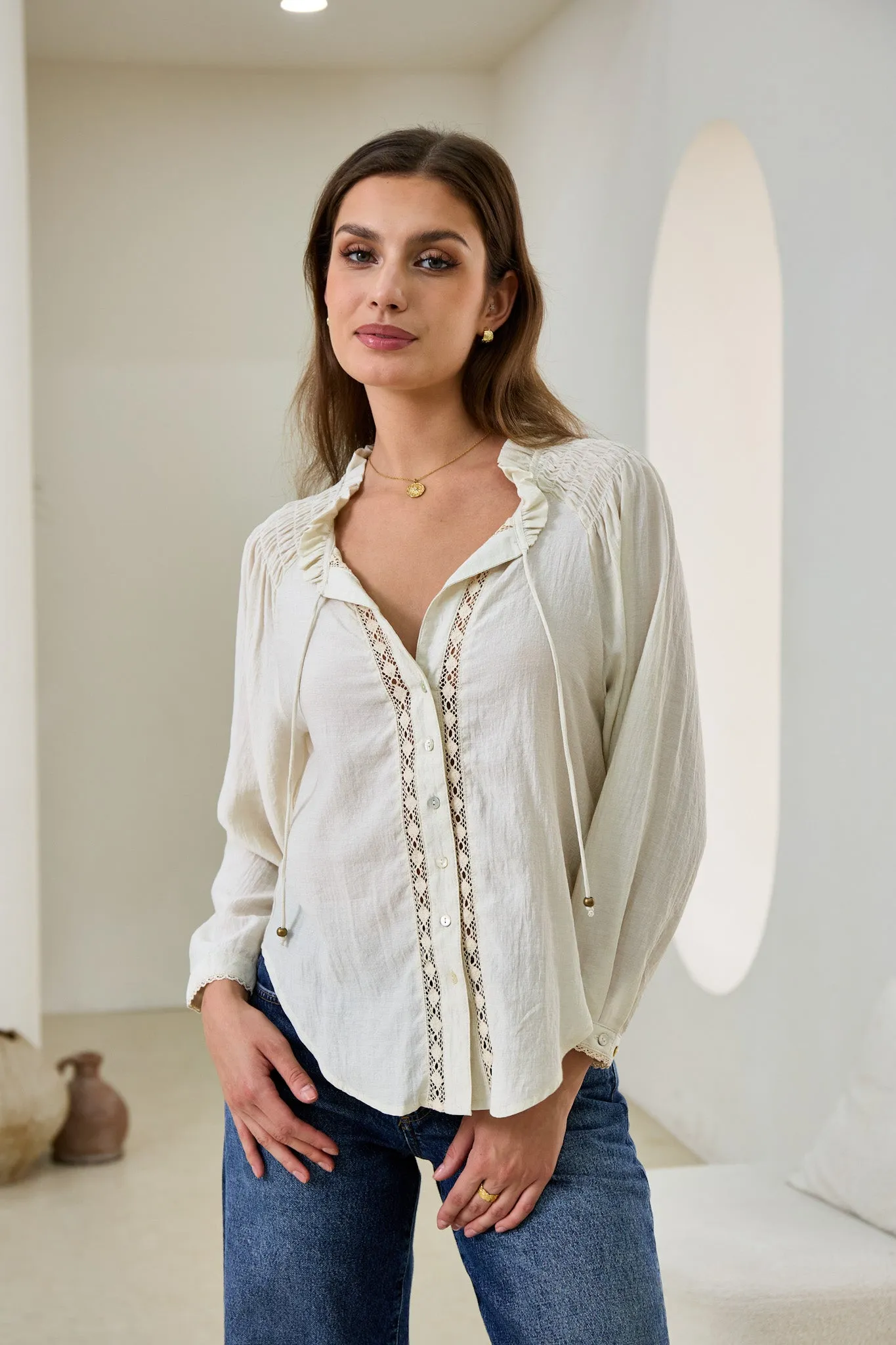 Clarisse Beige Lace Trim Blouse