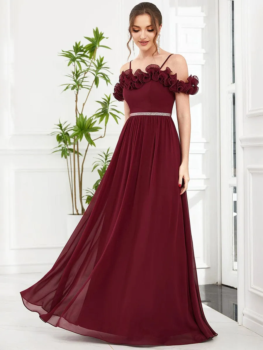 Cold Shoulder Ruffled Sequin Waist A-Line Chiffon Bridesmaid Dress(Final Sale)