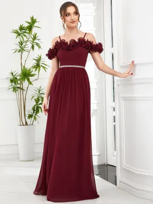 Cold Shoulder Ruffled Sequin Waist A-Line Chiffon Bridesmaid Dress(Final Sale)
