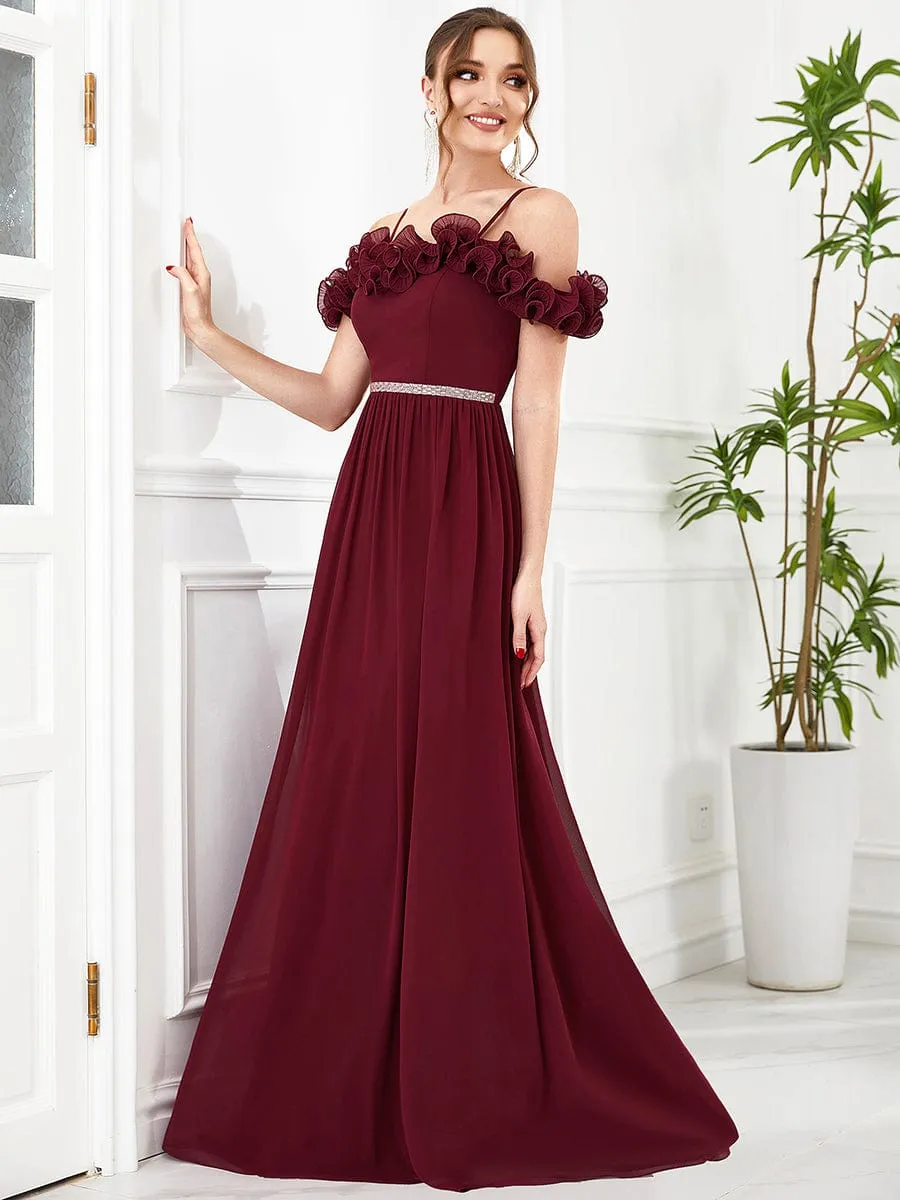 Cold Shoulder Ruffled Sequin Waist A-Line Chiffon Bridesmaid Dress(Final Sale)