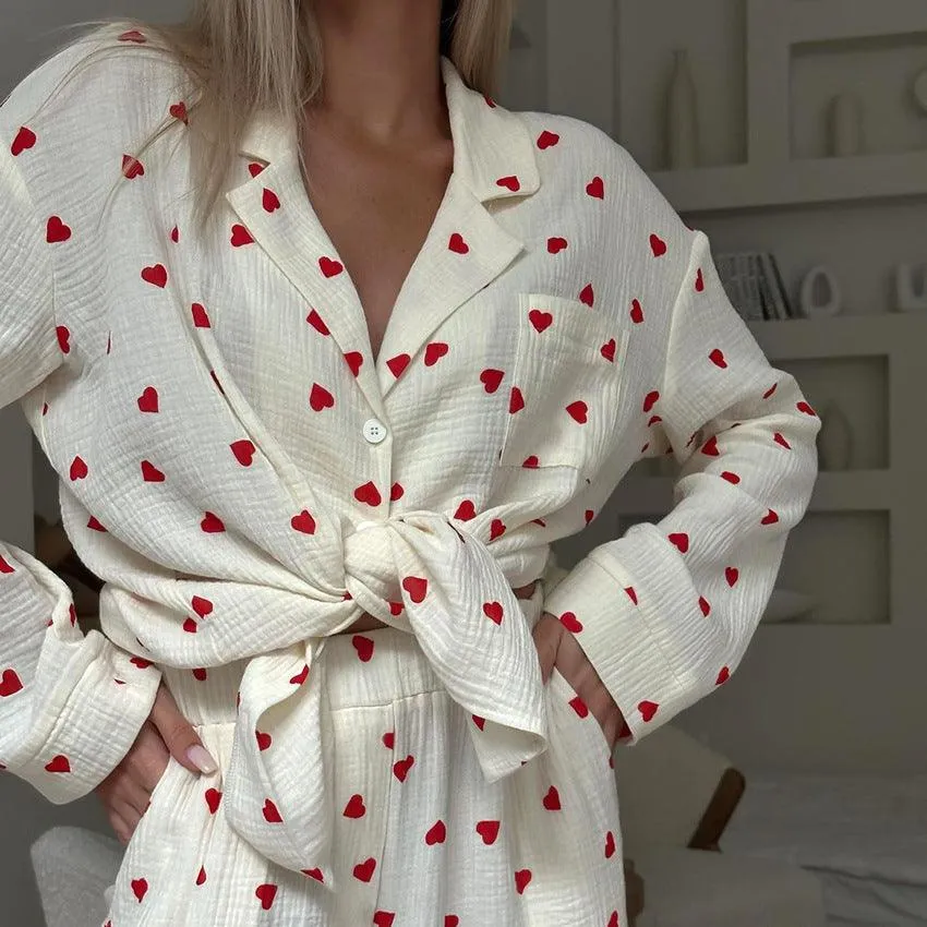 Cozy Heart-Print Cotton Pajamas Set for Women