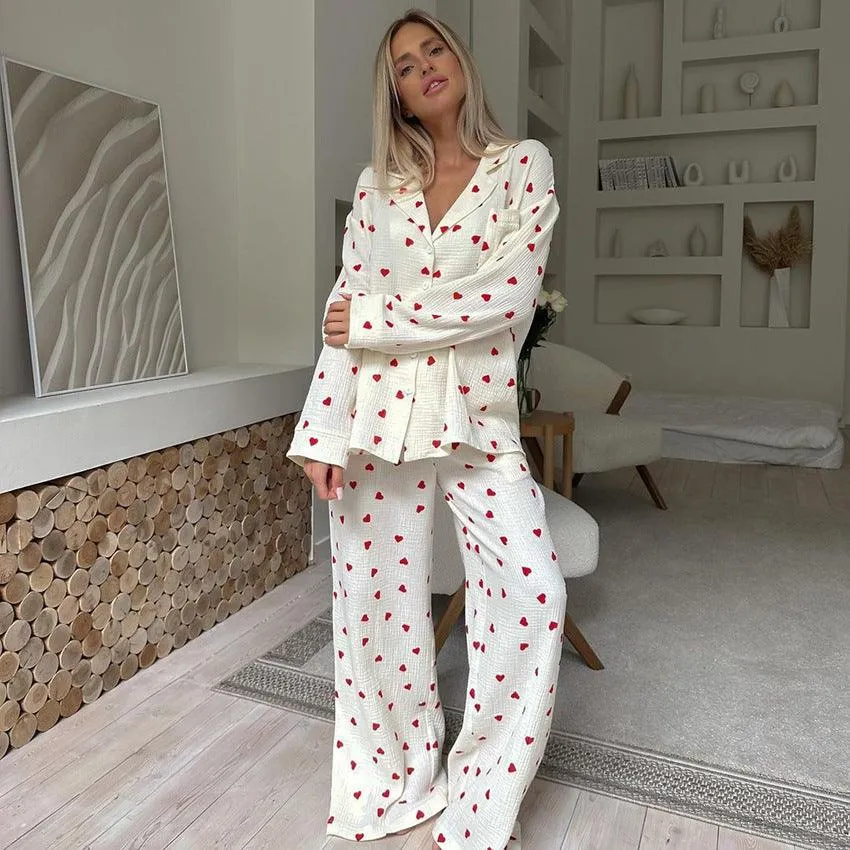 Cozy Heart-Print Cotton Pajamas Set for Women