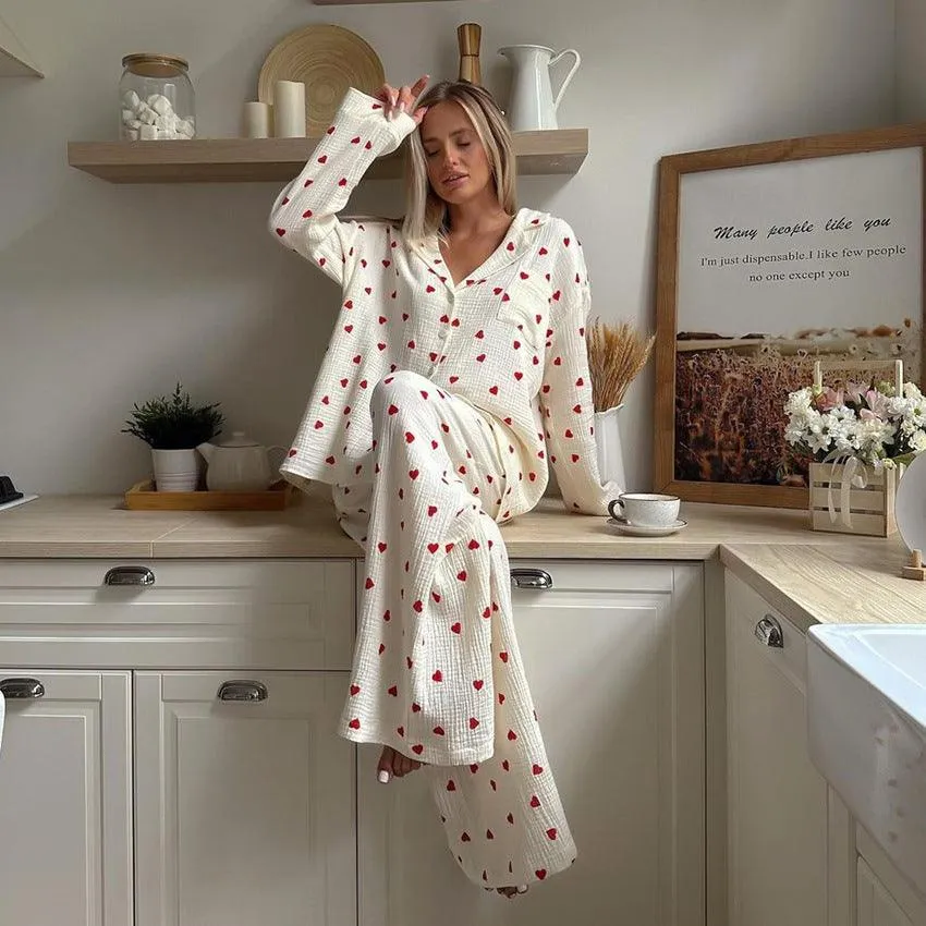 Cozy Heart-Print Cotton Pajamas Set for Women