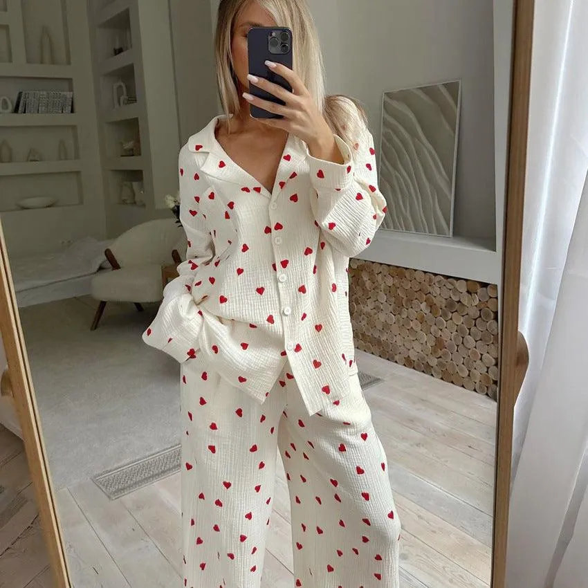 Cozy Heart-Print Cotton Pajamas Set for Women